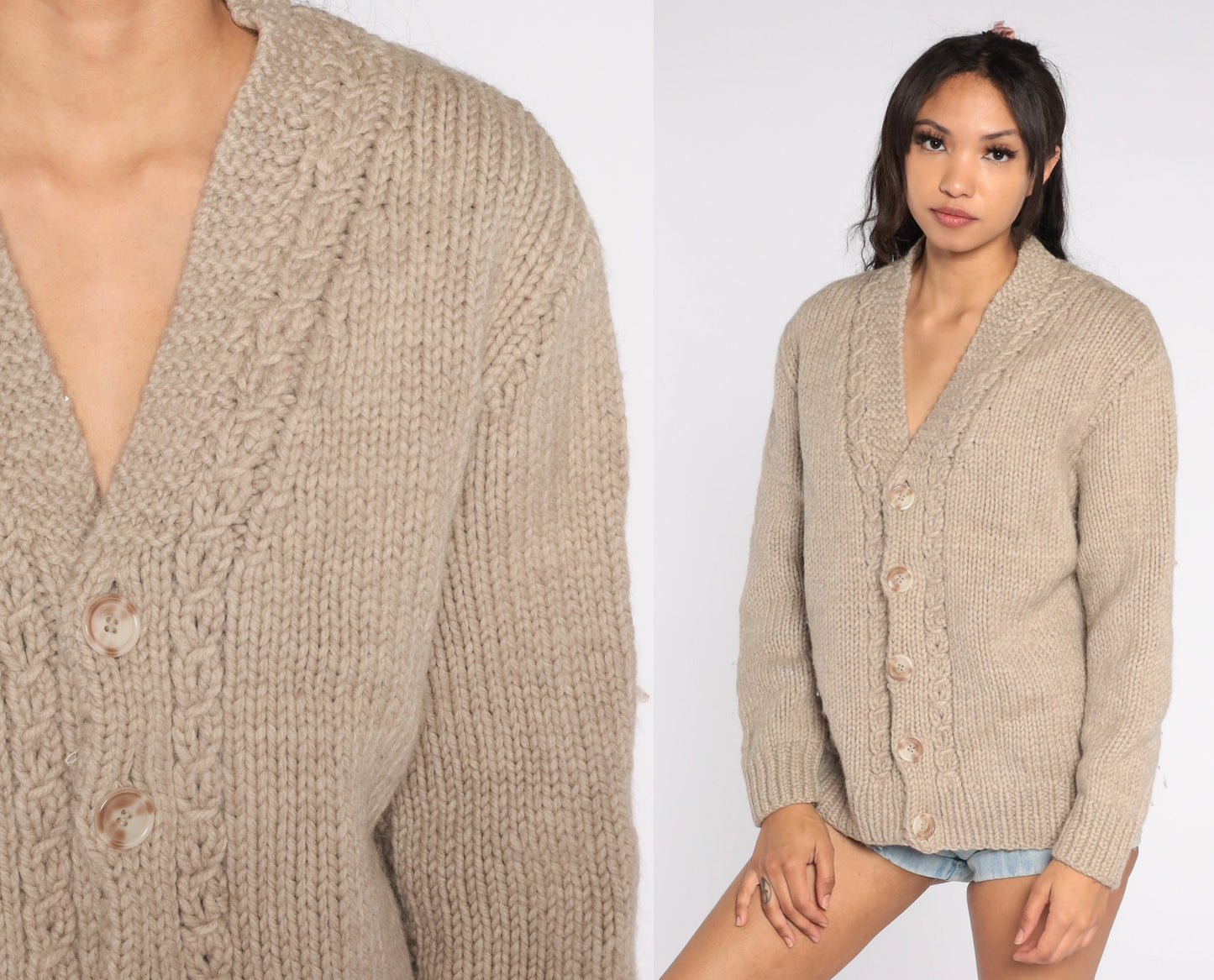 60s Taupe Wool Cardigan Button-Up Knit Sweater Large L