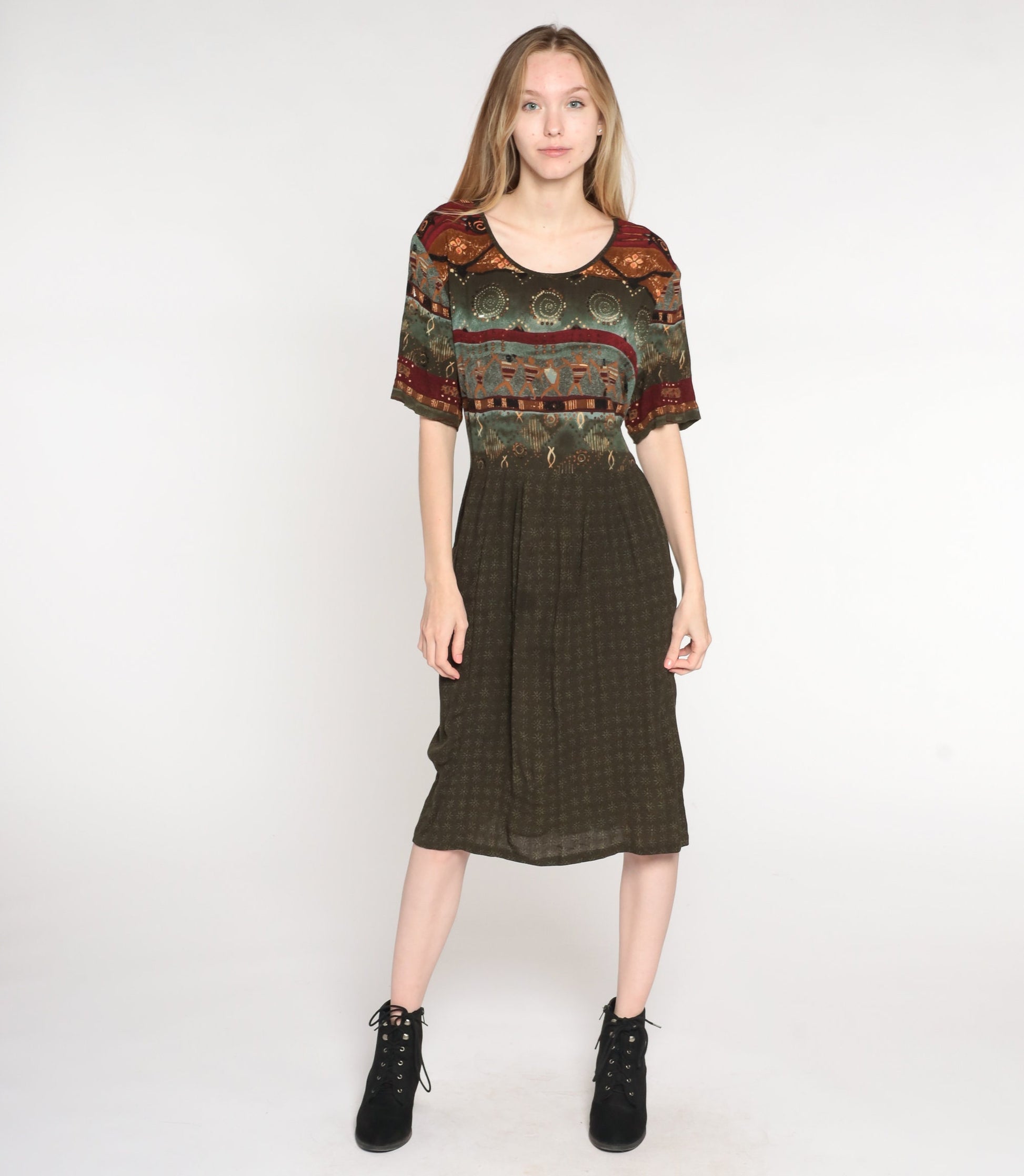 90s Brown Geometric Print Midi Dress High Waist Short Sleeve Plus Size 16W
