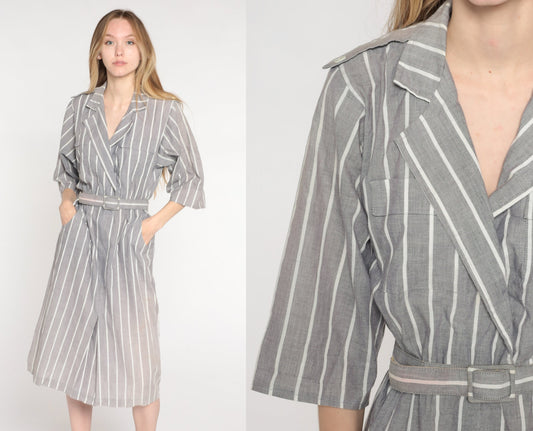 80s Grey & White Striped Midi Wrap Dress V-Neck 3/4 Sleeve Medium