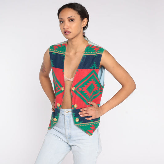 90s Southwestern Vest Cotton Button Up Sleeveless Red Blue Geometric Medium M
