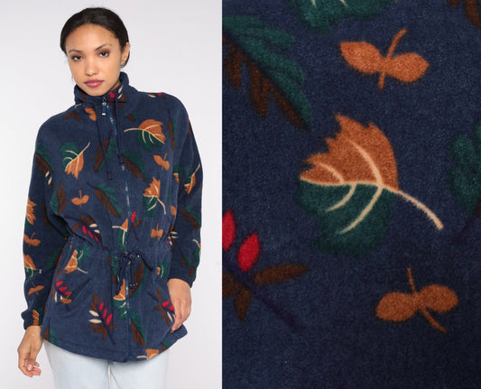 90s Navy Leaf Print Fleece Jacket Zip Up Windbreaker Medium