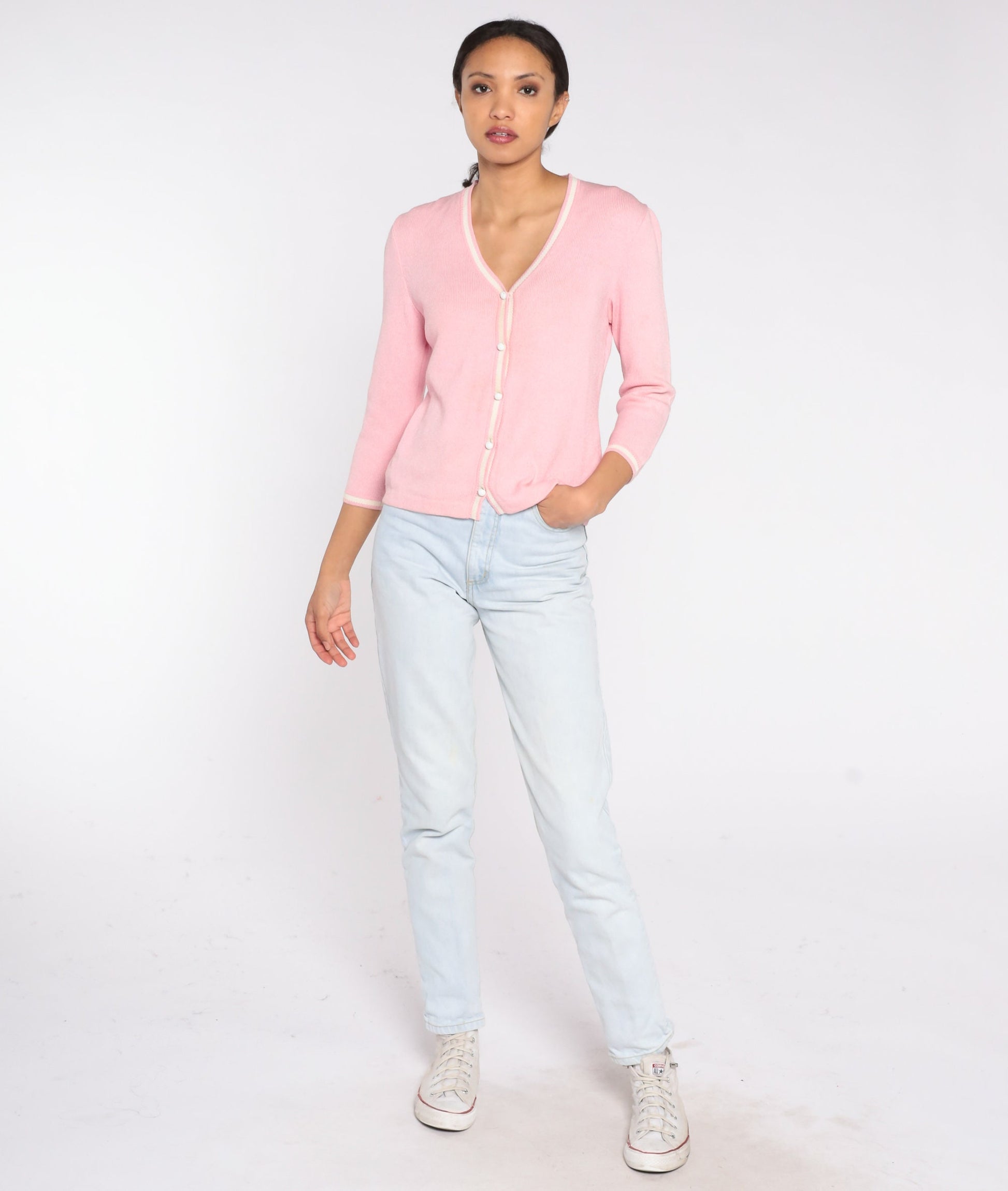 90s St John Sport Wool Cardigan Baby Pink Button Up Sweater Small