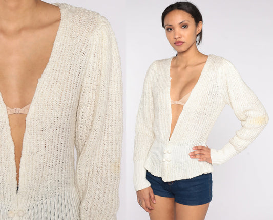 80s Off-White Deep V-Neck Cardigan Double Breasted Knit Sweater Medium M