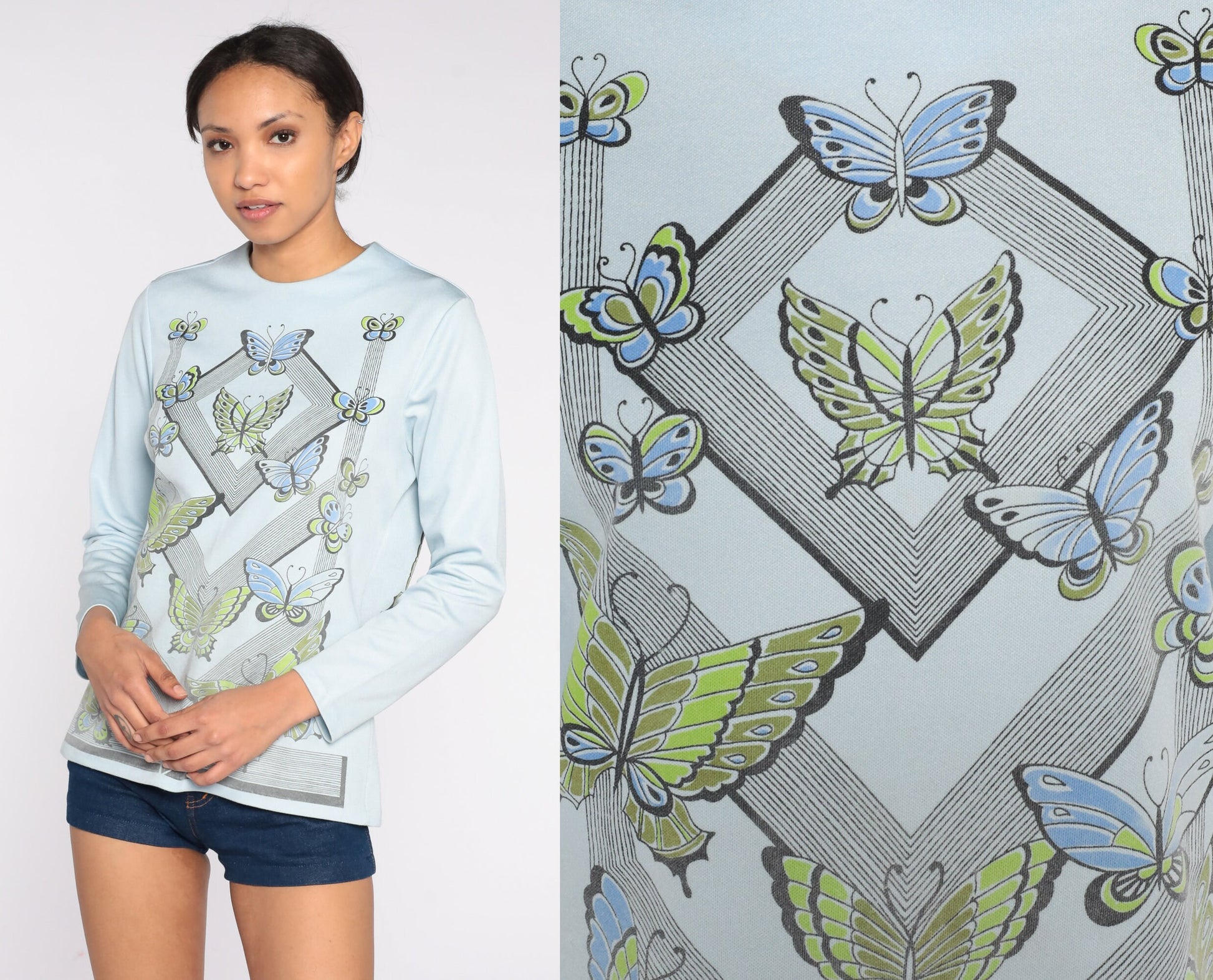 70s Butterfly Blouse Powder Blue Long Sleeve Graphic Shirt Medium