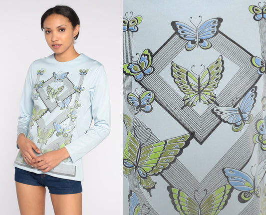 70s Butterfly Blouse Powder Blue Long Sleeve Graphic Shirt Medium