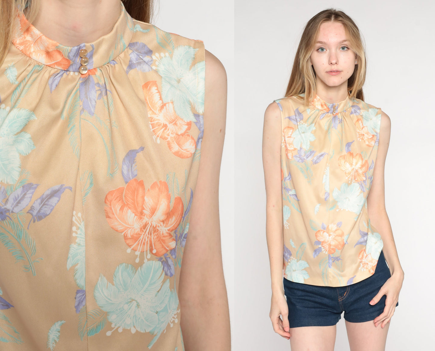 70s Floral Tank Top Beige Psychedelic Print Sleeveless Blouse Medium