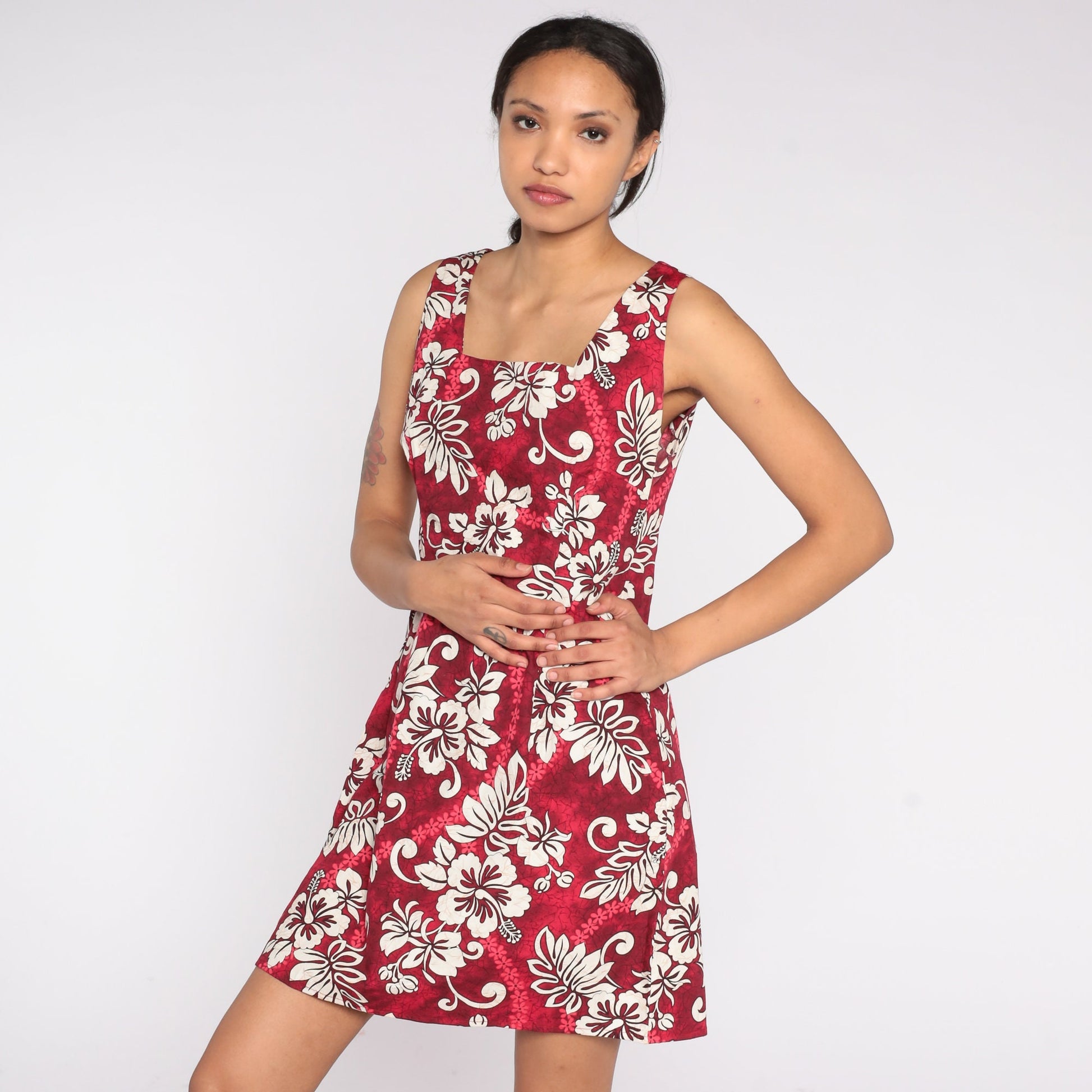 90s Hawaiian Floral Mini Dress Red Tropical Print Sleeveless Small S