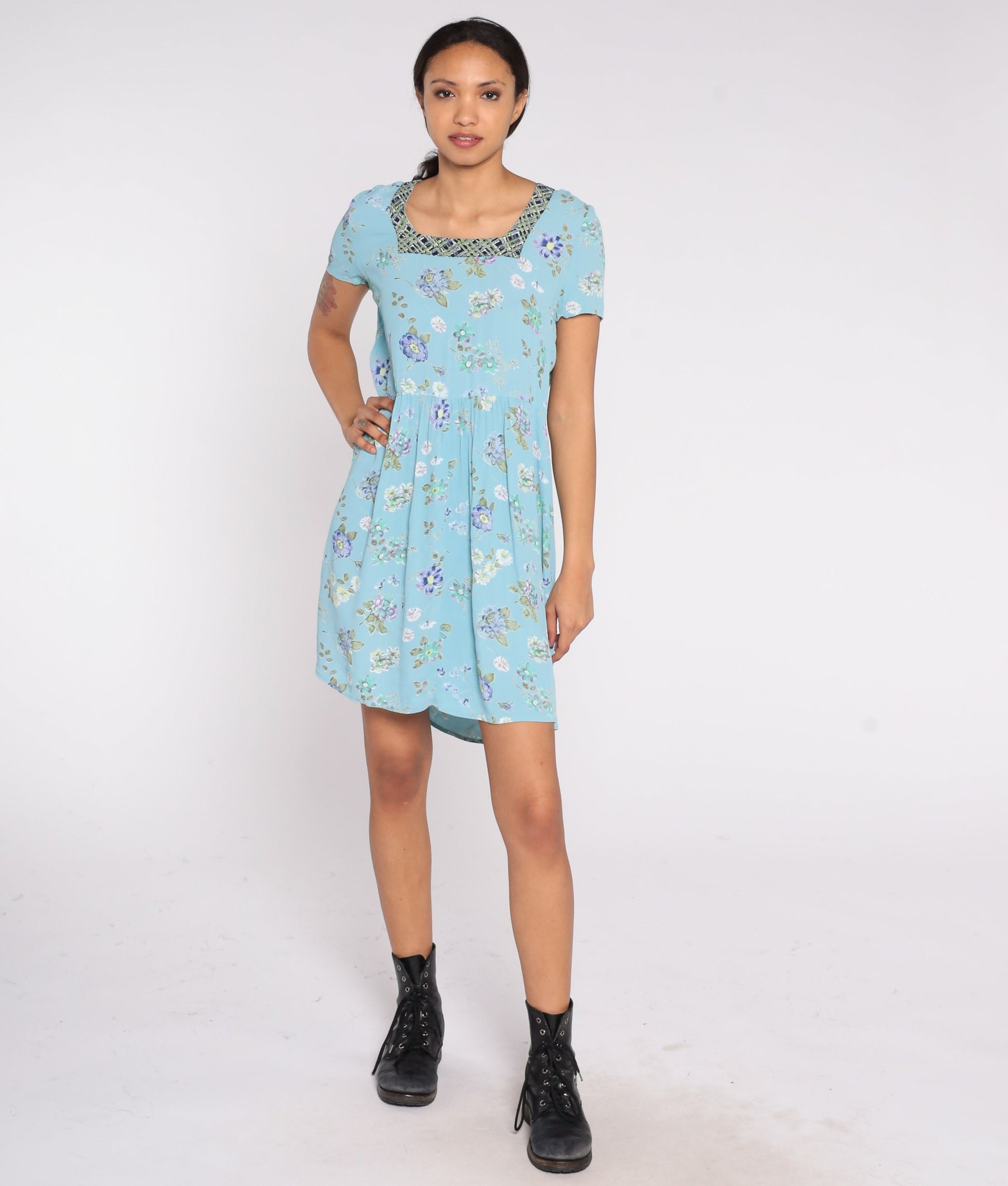 90s Baby Blue Floral Mini Dress Square Neck Short Sleeve Small