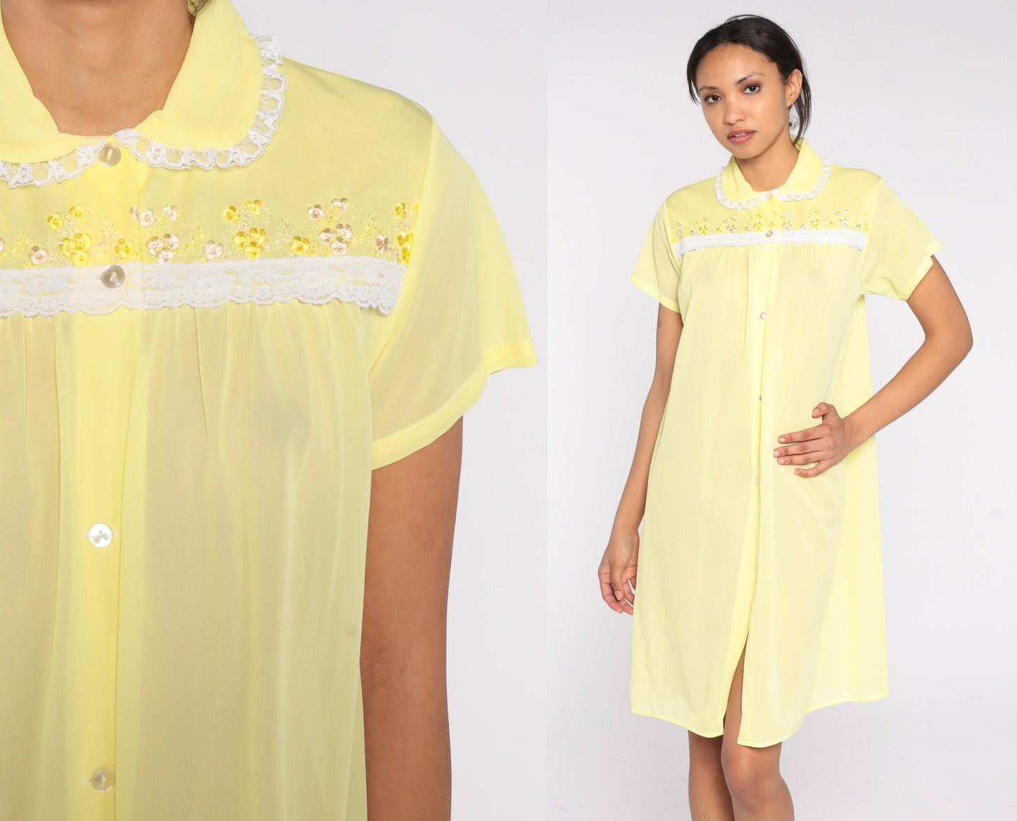 70s Yellow Semi Sheer Lounge Dress Floral Embroidery Mini Short Sleeve Medium