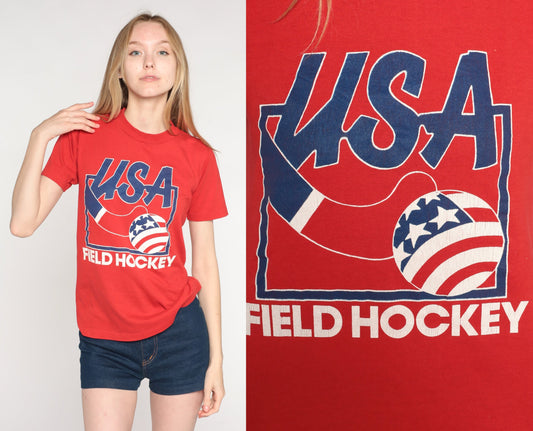80s USA Field Hockey Graphic T-Shirt Red Crewneck Jerzees Small