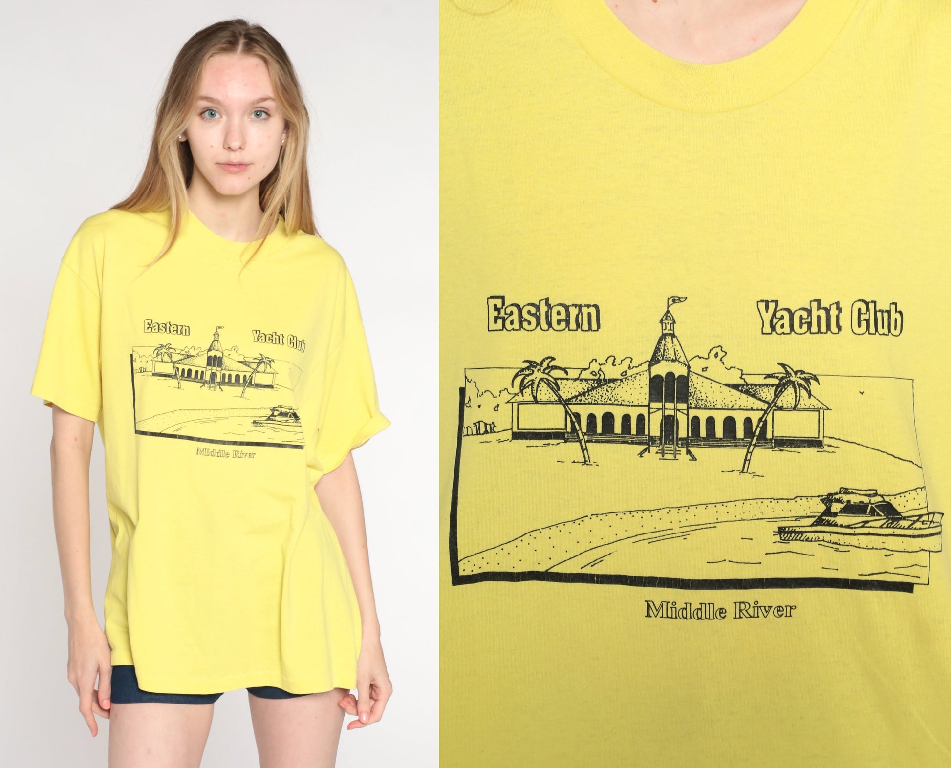 90s Eastern Yacht Club Essex Maryland Graphic T-Shirt Yellow Extra Large