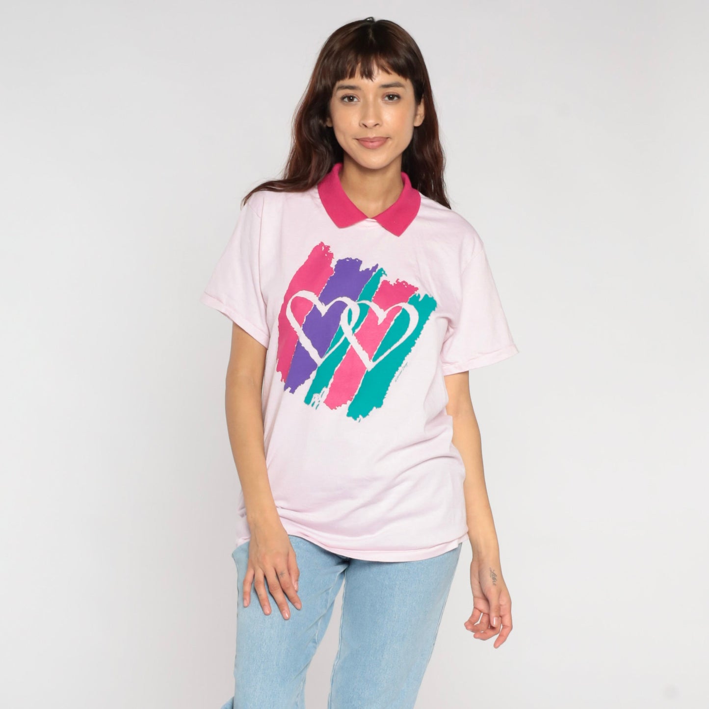 90s Heart Print Collared T-Shirt Baby Pink Graphic Tee Medium