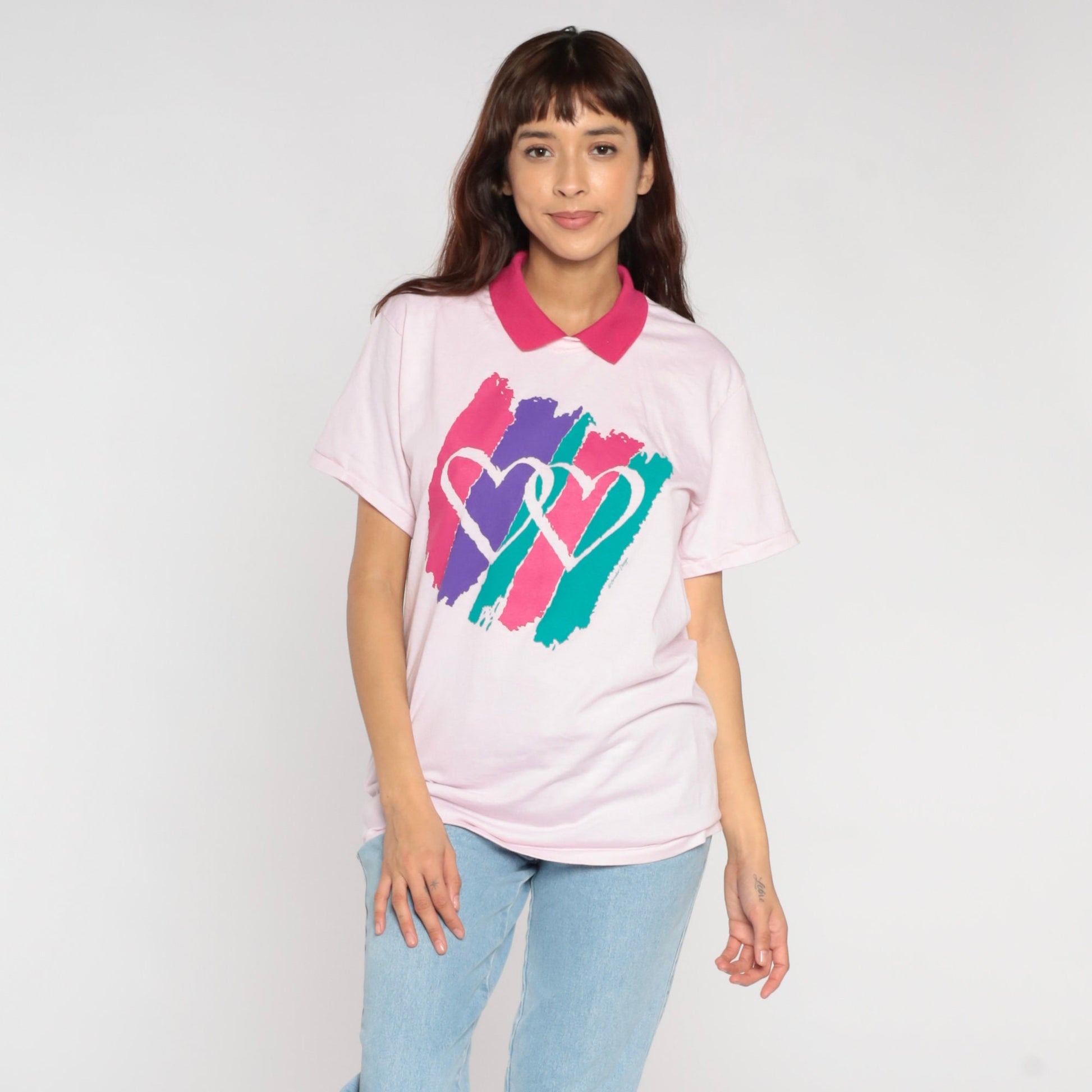 90s Heart Print Collared T-Shirt Baby Pink Graphic Tee Medium