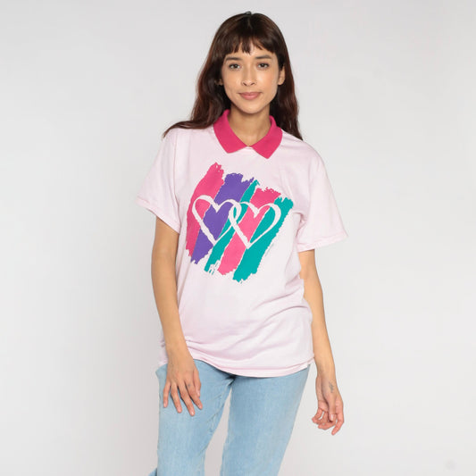 90s Heart Print Collared T-Shirt Baby Pink Graphic Tee Medium