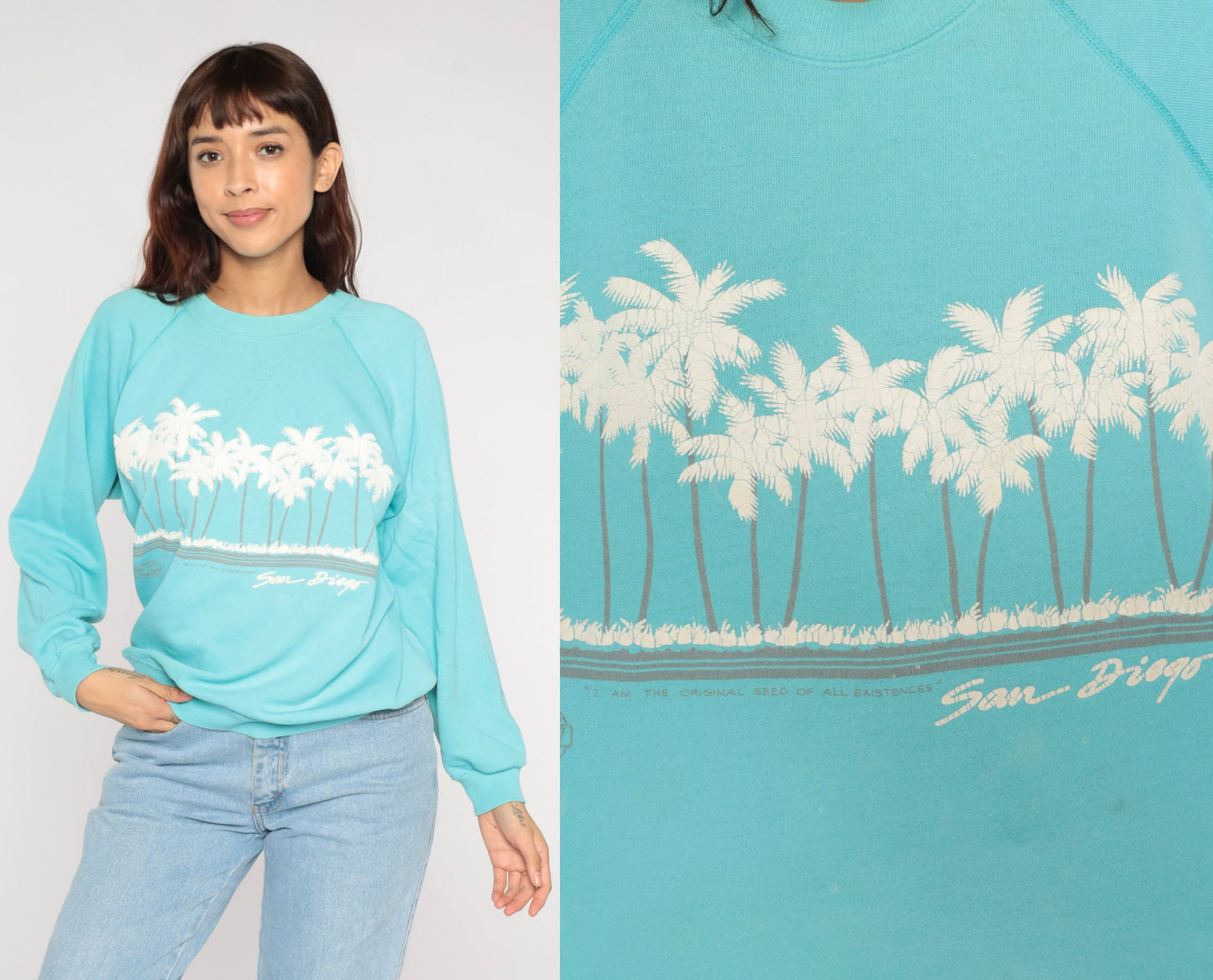 90s San Diego Palm Tree Sweatshirt Turquoise Raglan Crewneck Medium M