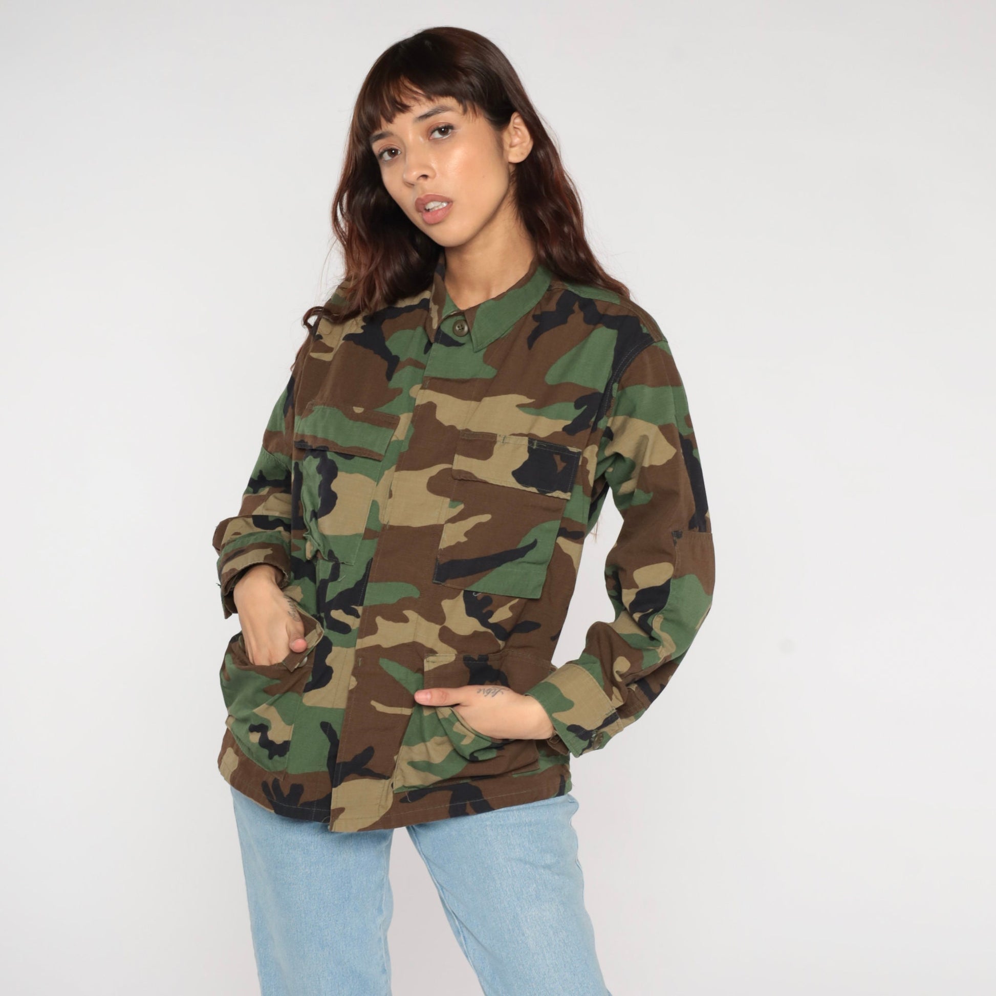 90s US Army Camouflage Button-Up Shirt Green Cargo Pockets Small