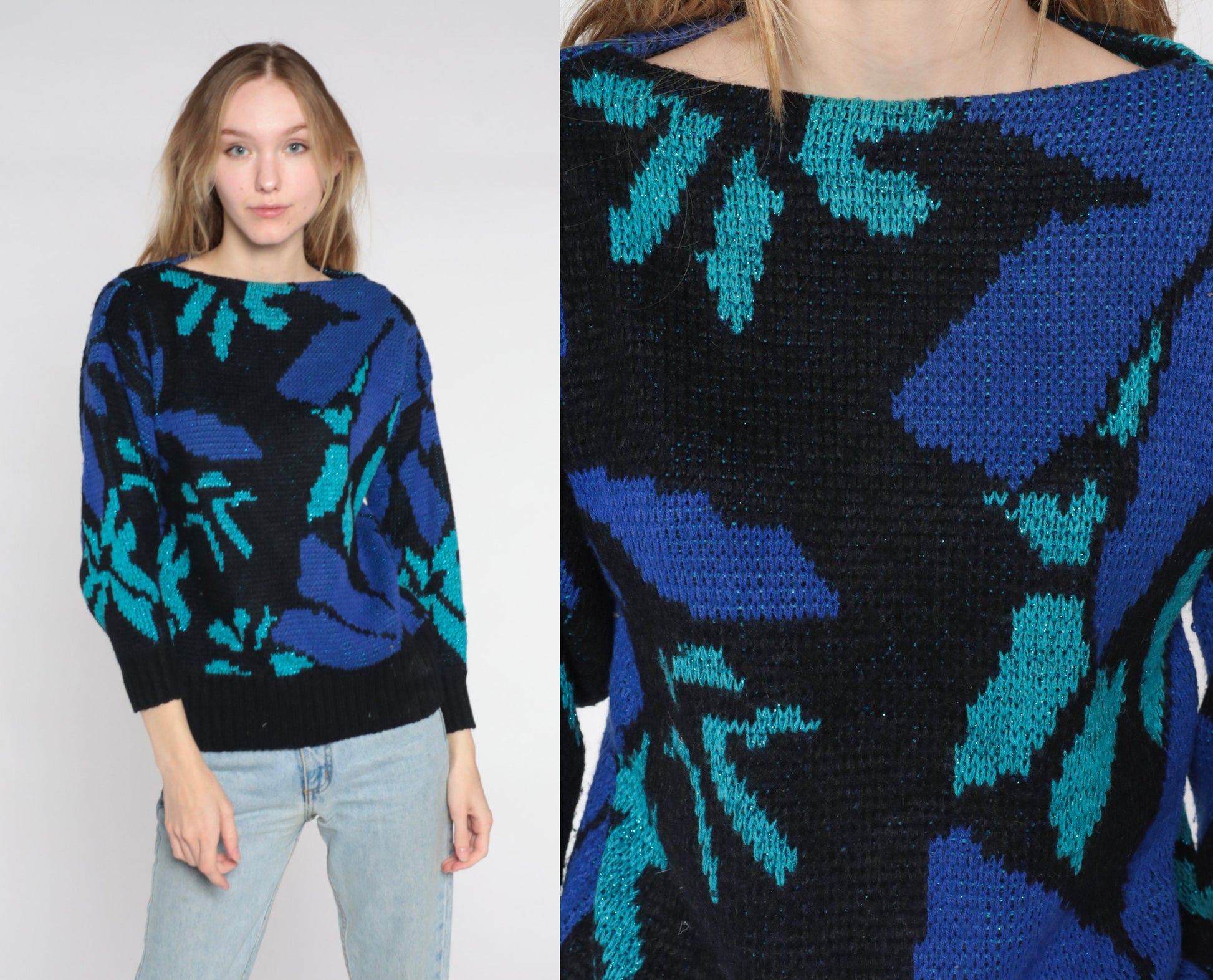 80s St. Michael Metallic Floral Knit Sweater Black Boat Neck Medium
