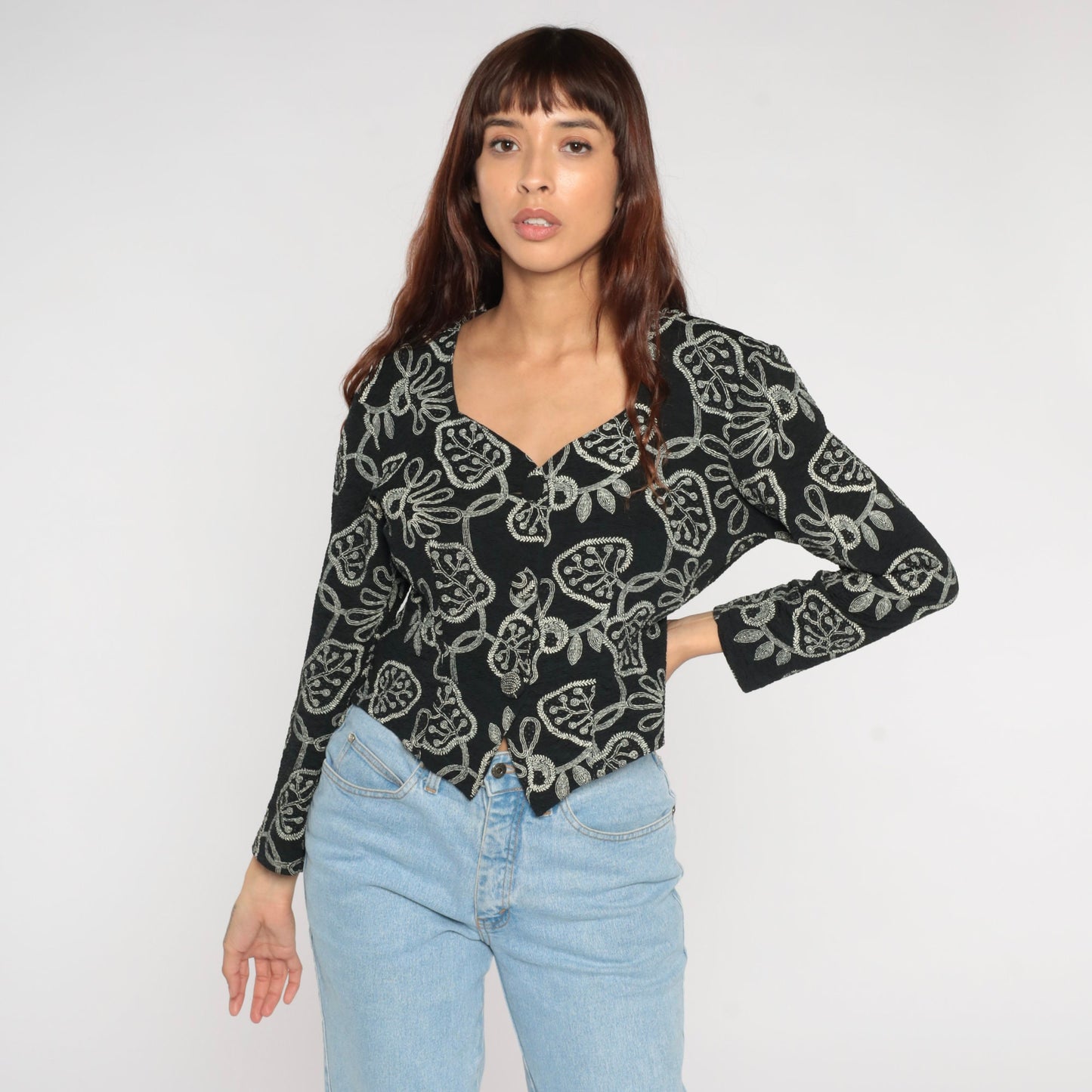 90s Black Leaf Print Button-Up Blouse Long Sleeve Abstract Shirt Medium