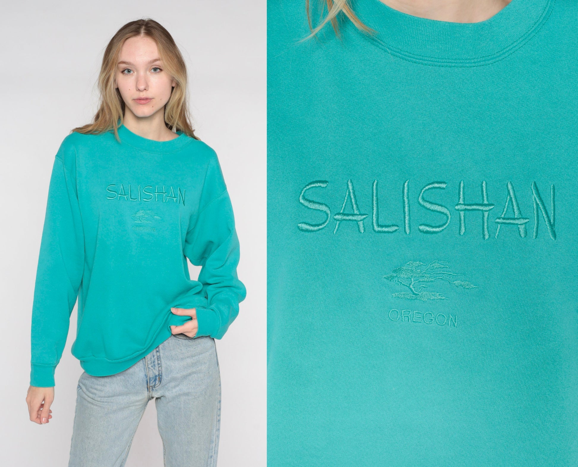 90s Salishan Oregon Gleneden Beach Spa Resort Embroidered Sweatshirt Teal Cotton Medium Large