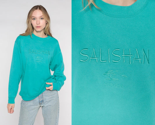 90s Salishan Oregon Gleneden Beach Spa Resort Embroidered Sweatshirt Teal Cotton Medium Large