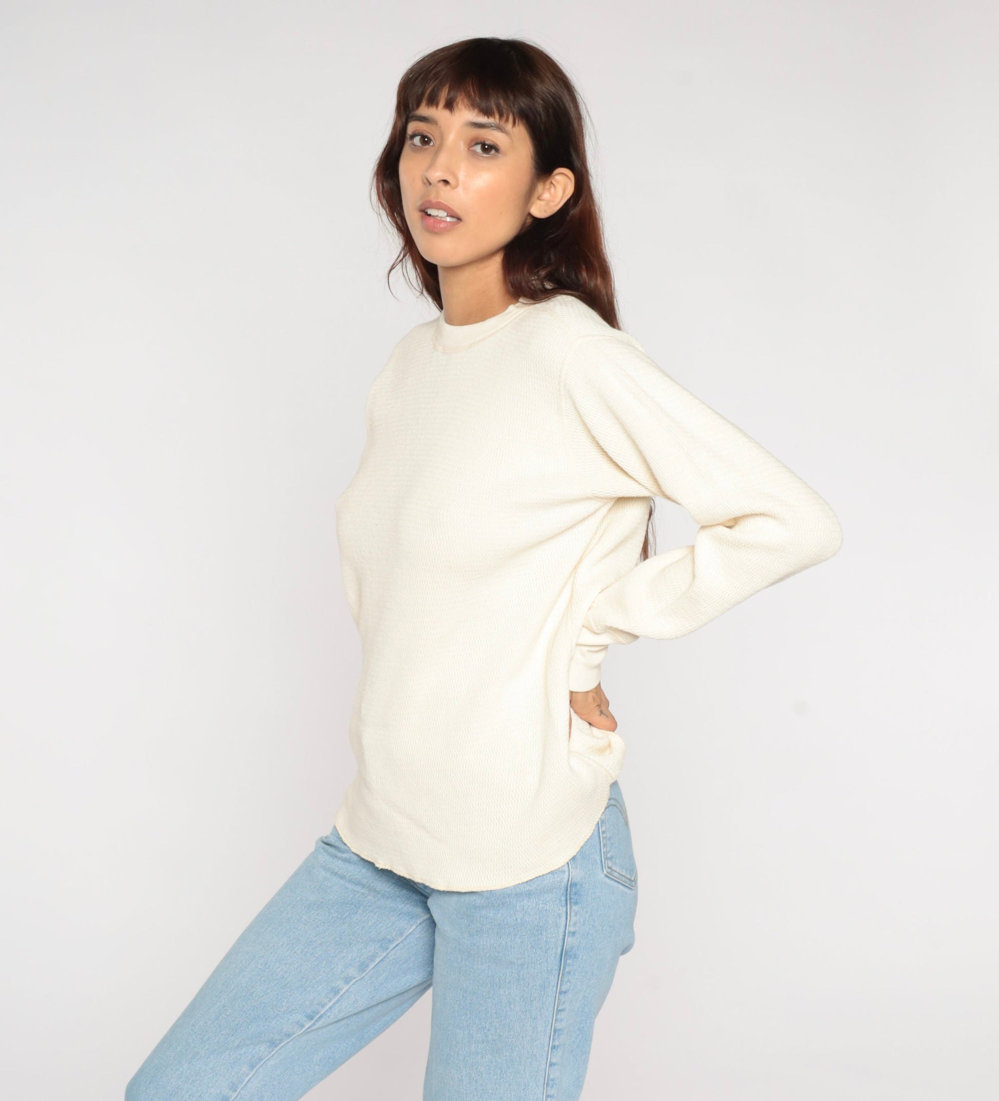 80s Off-White Thermal Waffle Knit Long Sleeve Shirt Cotton Large