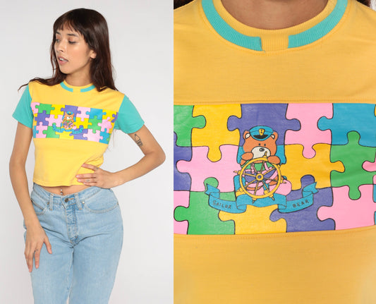 Y2K Sailor Bear Puzzle Graphic Crop Top Yellow Cotton Baby Tee Extra Small XS