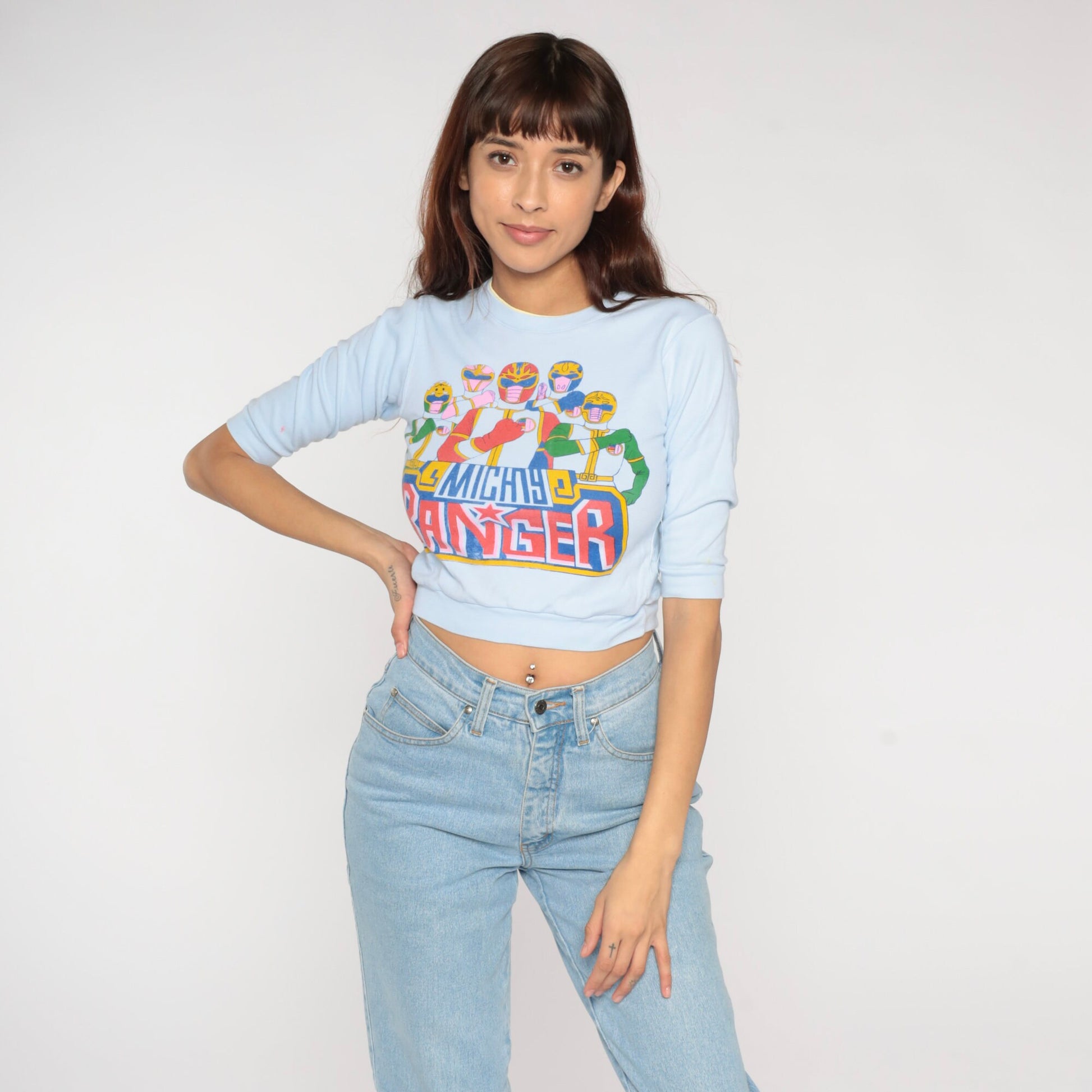 90s Mighty Ranger Graphic Crop Top Baby Blue T-Shirt 2XS