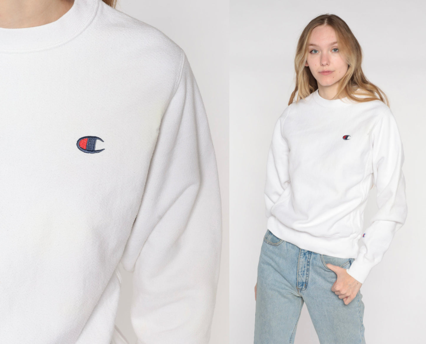 Y2K Champion White Crewneck Sweatshirt Plain Pullover Extra Small XS