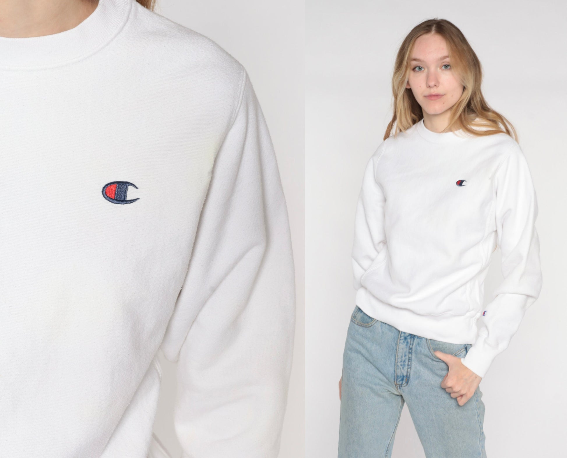 Y2K Champion White Crewneck Sweatshirt Plain Pullover Extra Small XS