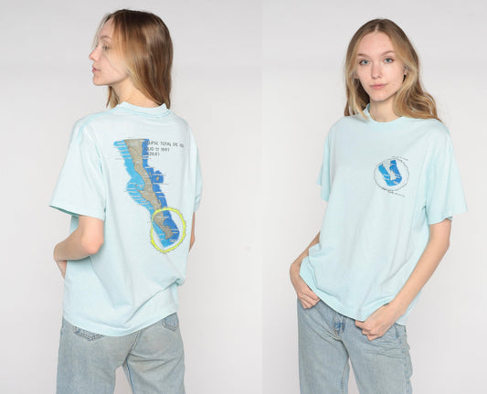 1991 Solar Eclipse Mulege Mexico T-Shirt Light Blue Graphic Tee Large L