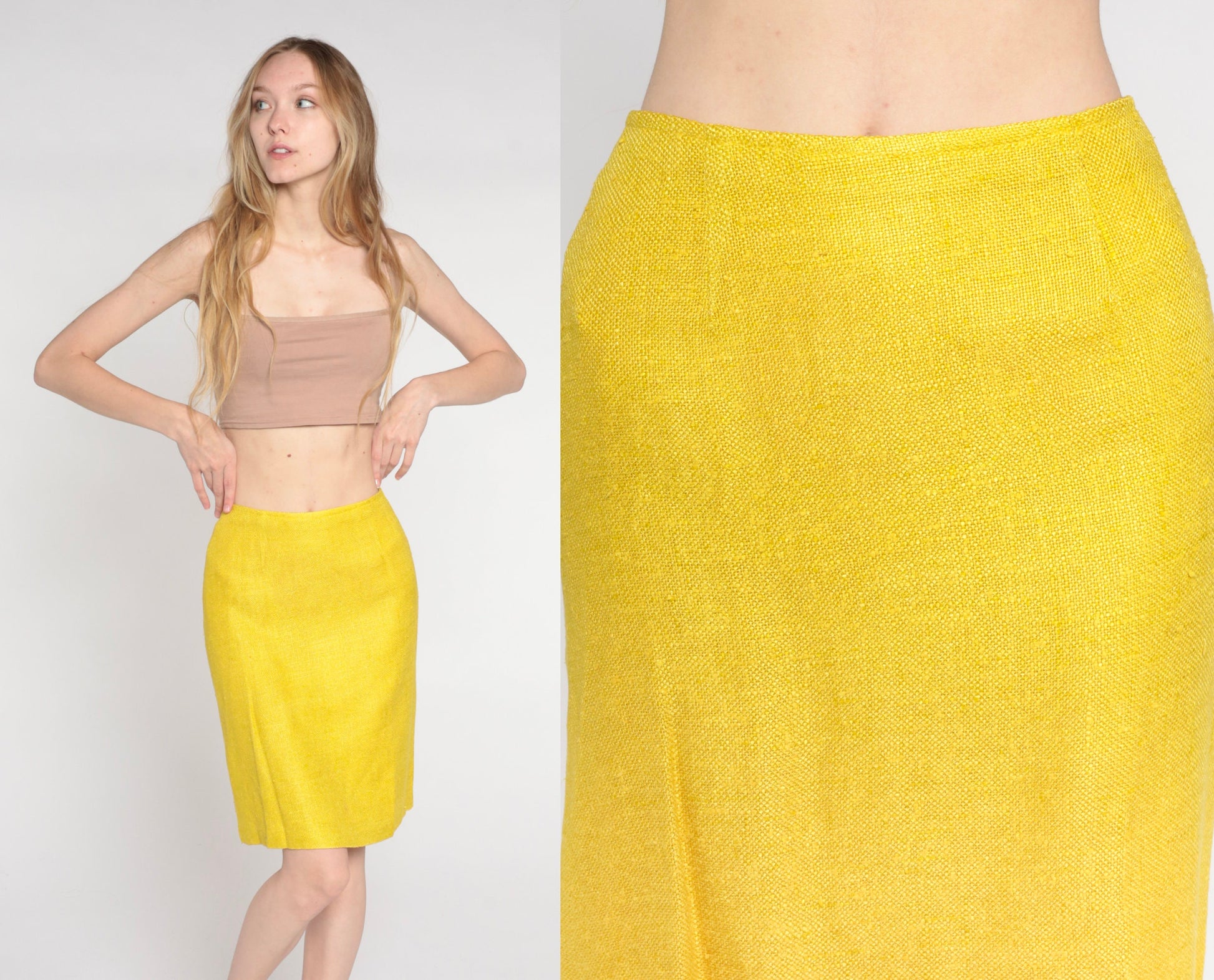 60s Yellow Tweed Pencil Skirt High Waist Mini Back Zip Extra Small XS