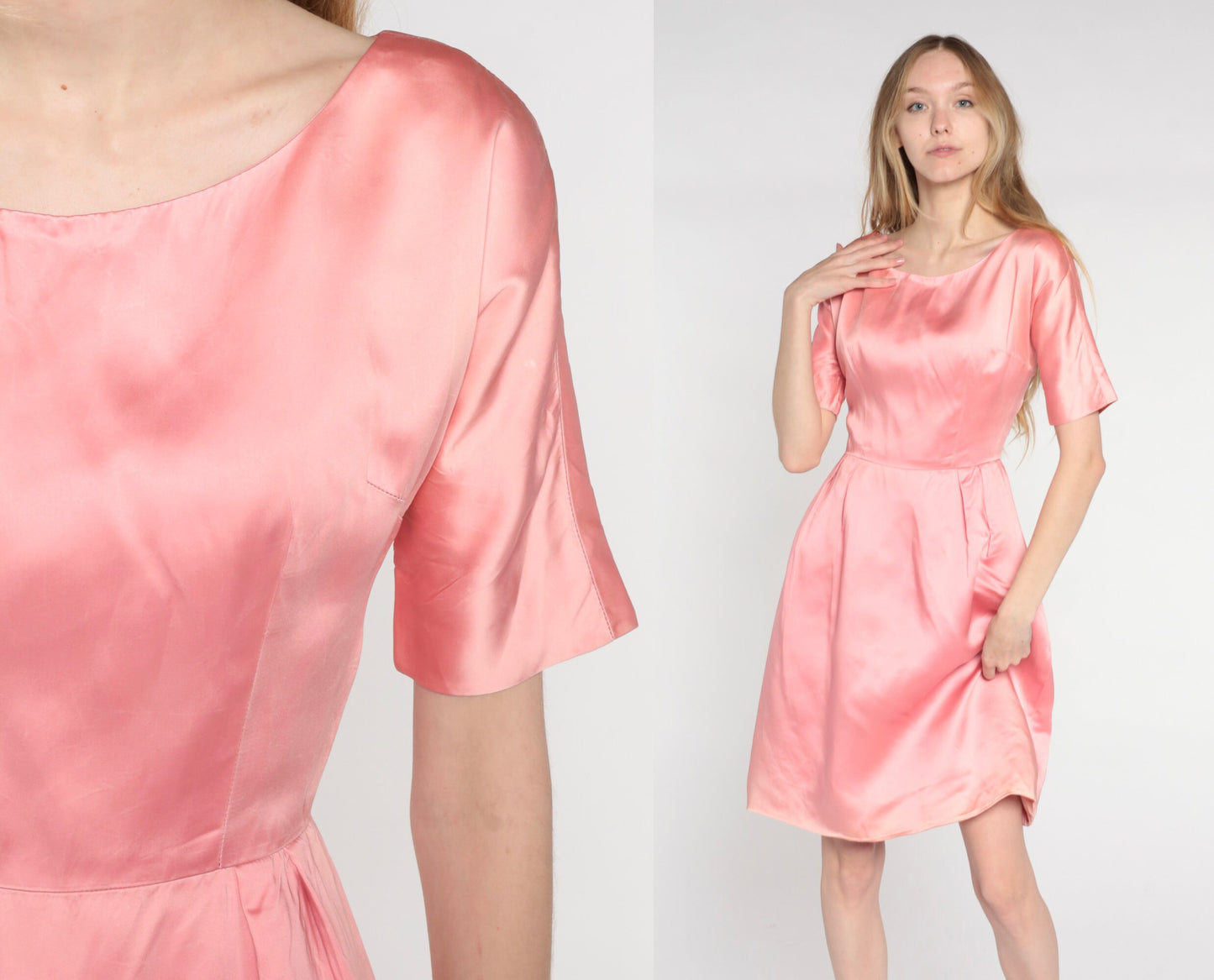 1960s Pink Satin Mini Shift Dress Short Sleeve High Waist Extra Small XS