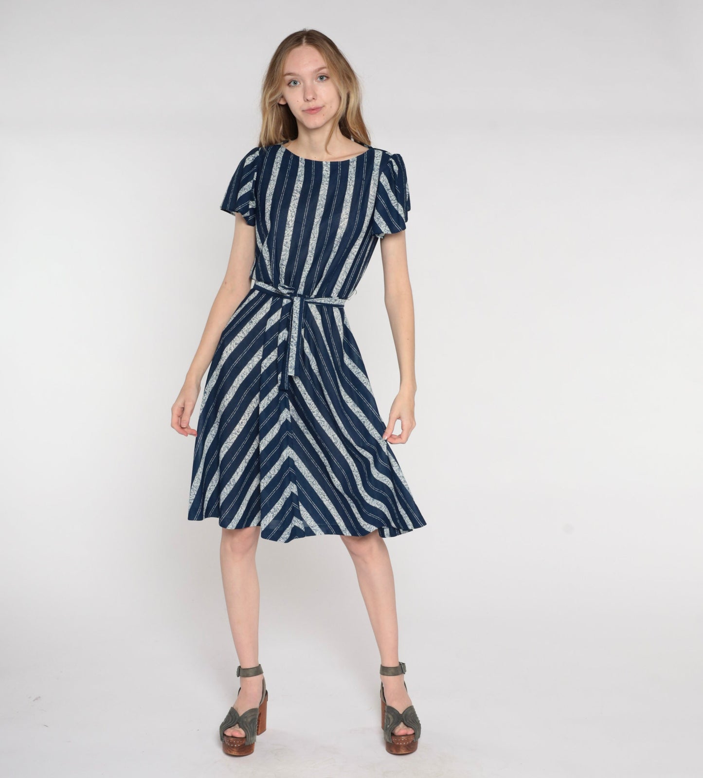 70s Navy Striped Dress High Waist Flutter Sleeve Belted Knee Length Medium