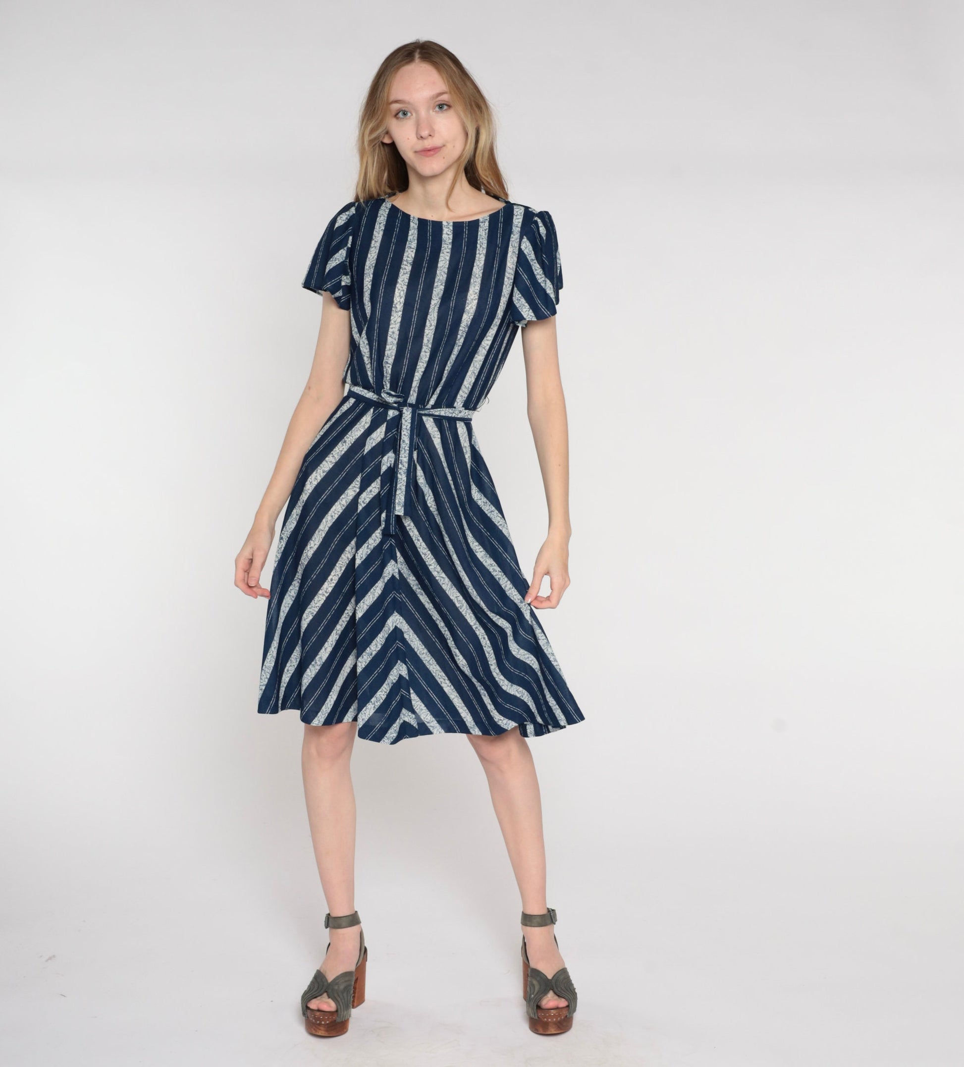 70s Navy Striped Dress High Waist Flutter Sleeve Belted Knee Length Medium