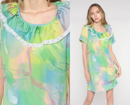 70s Psychedelic Watercolor Mini Dress Shift Ruffled Neckline Small