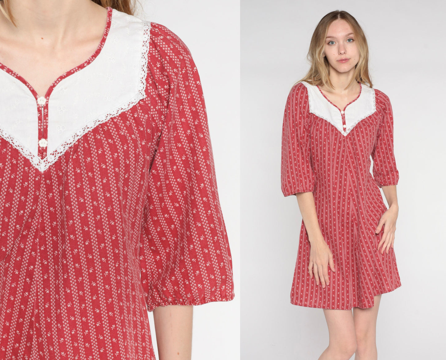 70s Red Floral Striped Mini Dress Lace Bib Peasant Short Sleeve Small
