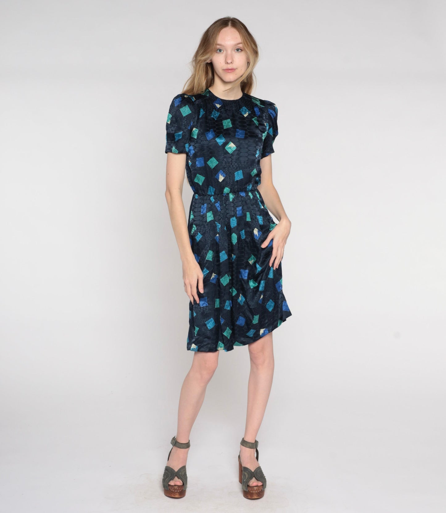 80s Navy Silk Puff Sleeve Dress Embossed Geometric Print High Waisted XS