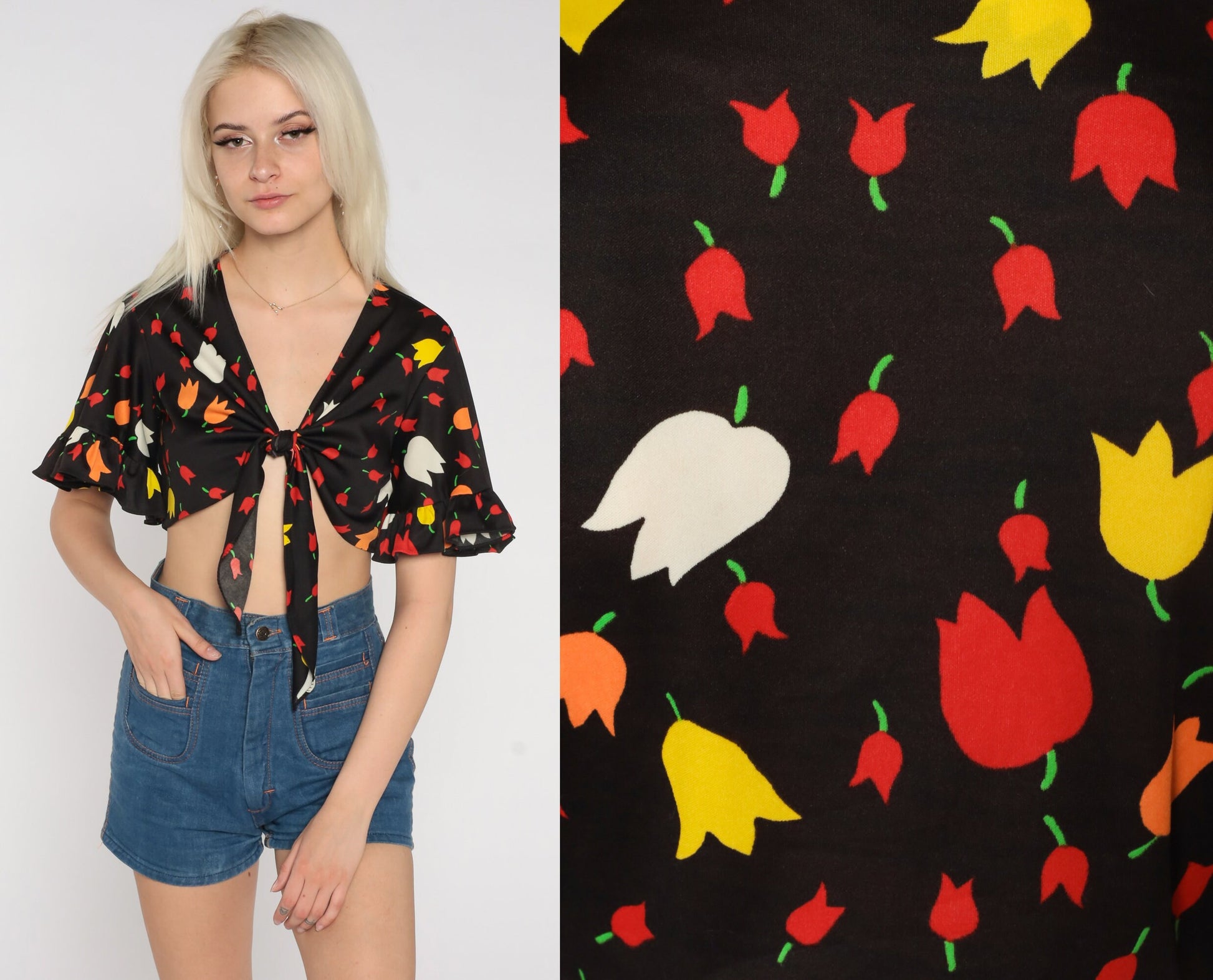 70s Black Tulip Floral Crop Top Tie Front Ruffled Sleeve Small Medium