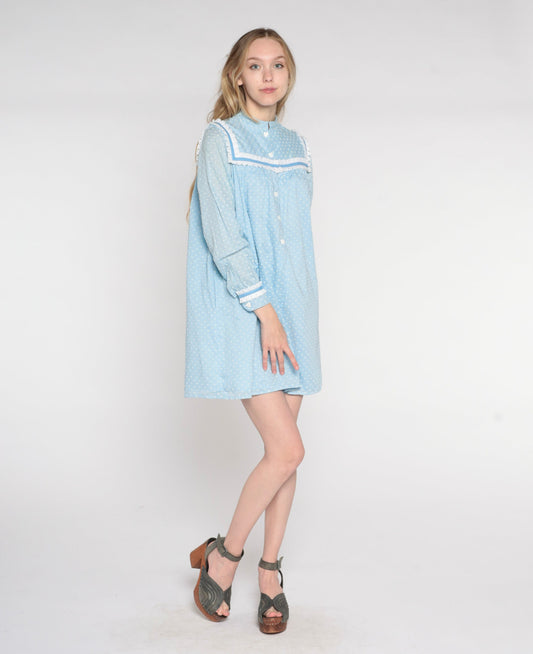 70s Baby Blue Polka Dot Mini Dress Heart Buttons Ruffled Bib Long Sleeve Small Medium