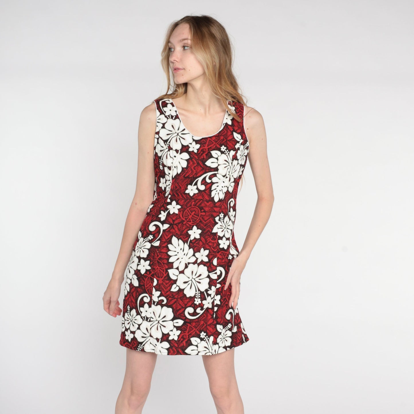 90s Hawaiian Floral Turtle Print Mini Dress Red Cotton Sleeveless Medium