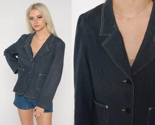 90s Blue Stretch Denim Blazer Jacket Collared Button-Up Large