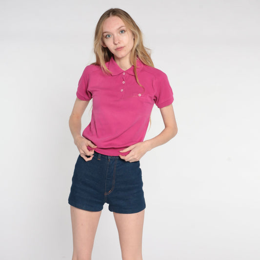 80s Hot Pink Polo Shirt Cropped Short Sleeve Button Up Small