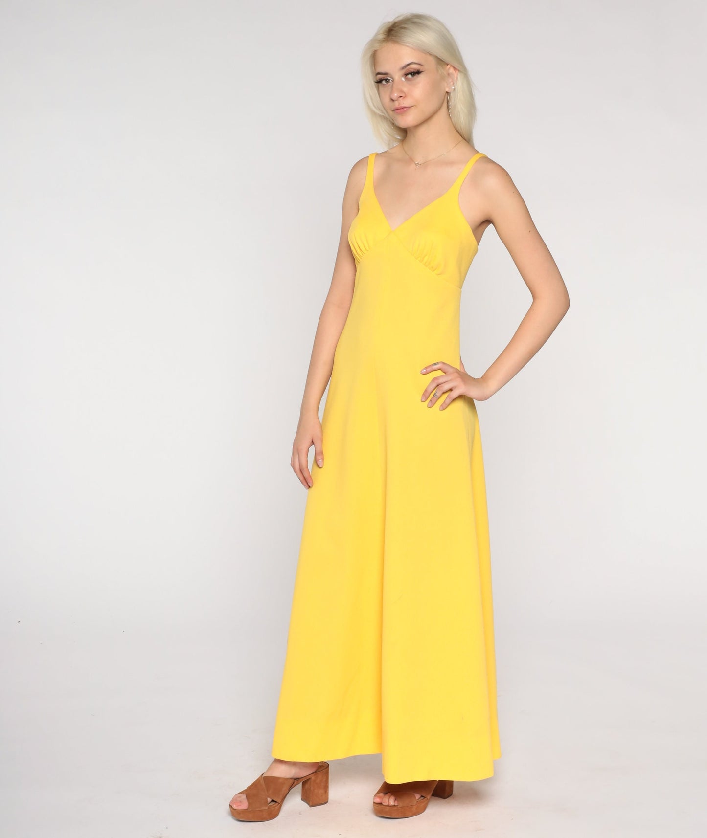 70s Yellow Maxi Dress Empire Waist Sleeveless A-Line Medium