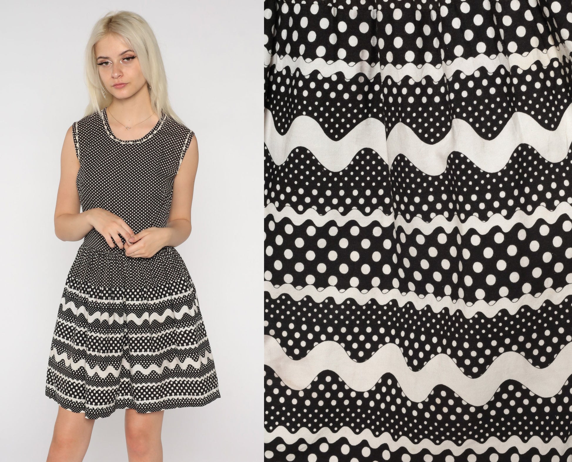 60s Mini Dress Polka Dot Black White Sleeveless High Waist Full Skirt Small