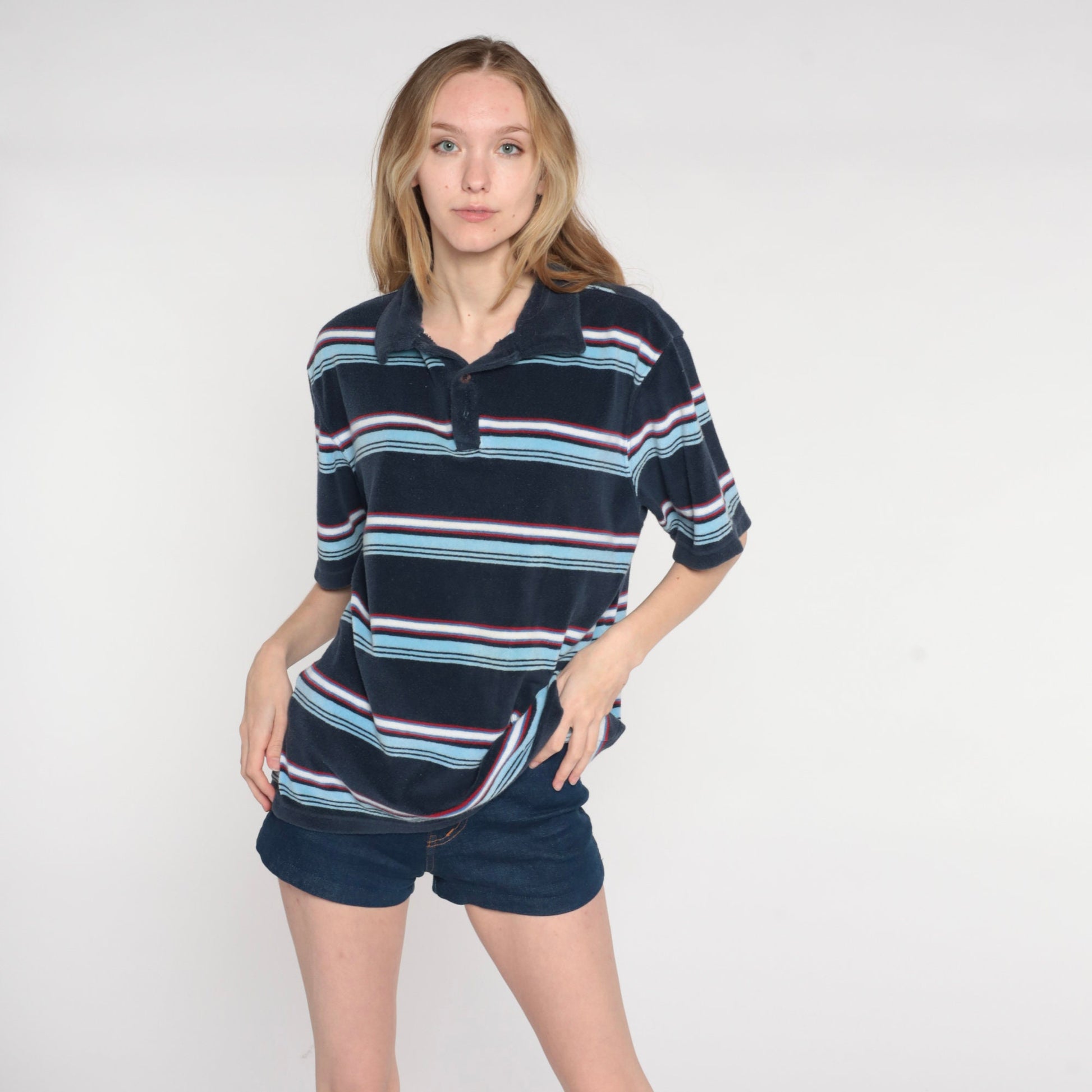 Y2K Navy Striped Terry Cloth Polo Shirt Half Button Collared Medium M