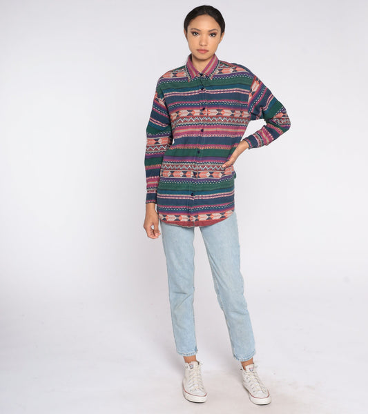 90s Striped Metallic Button-Up Shirt Geometric Print Long Sleeve Small S