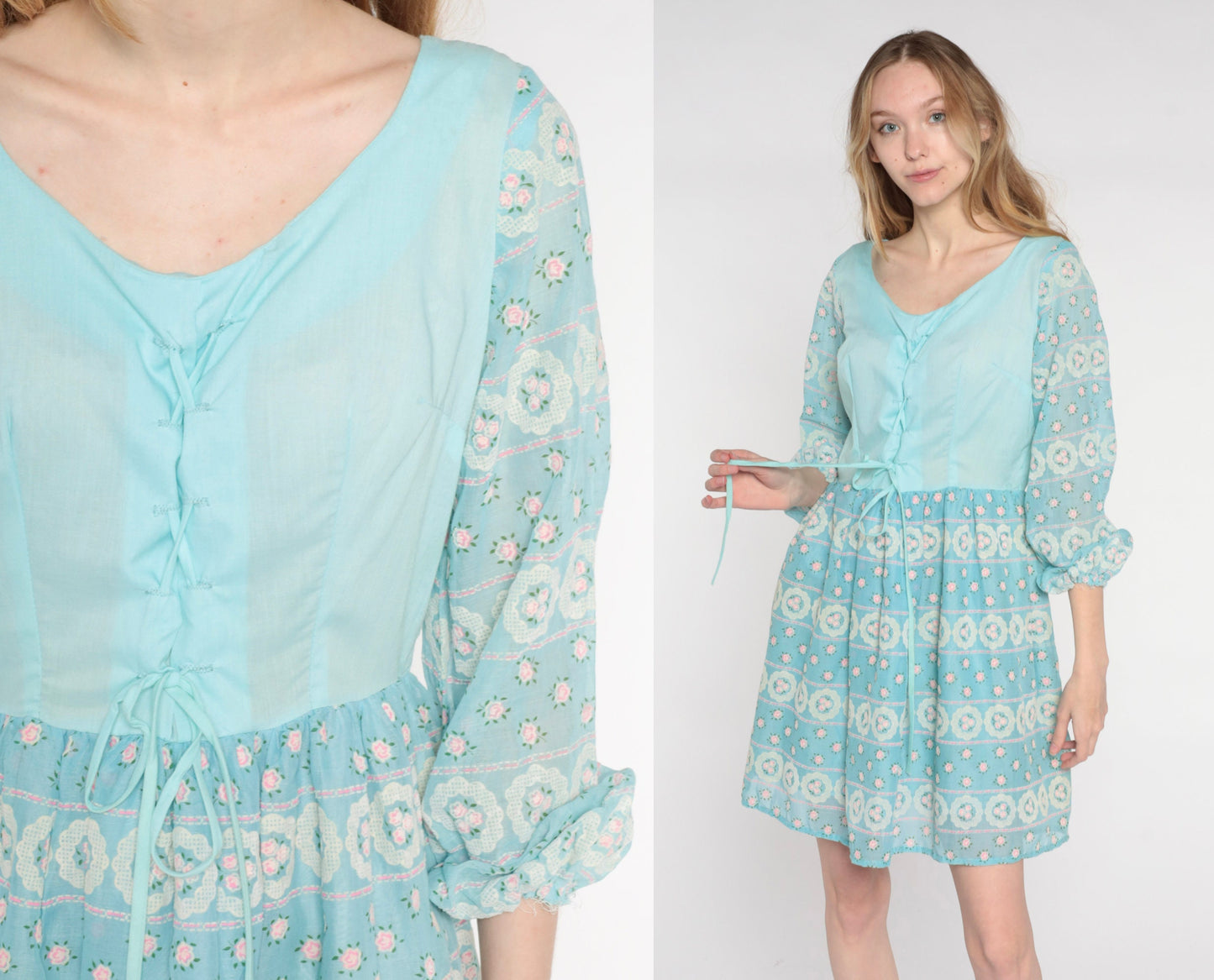 70s Baby Blue Floral Mini Dress Peasant Sleeves Lace-Up Bodice Medium