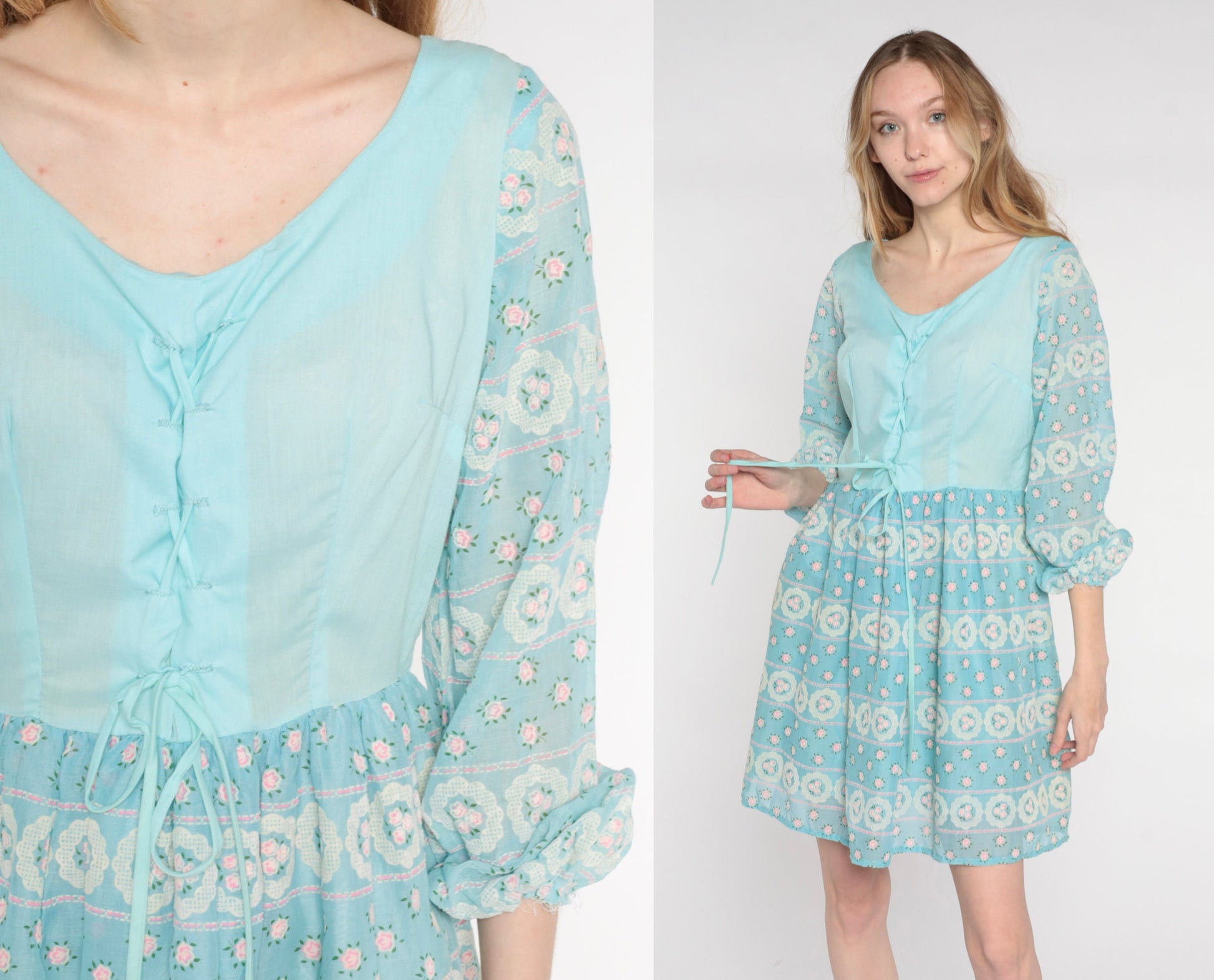 70s Baby Blue Floral Mini Dress Peasant Sleeves Lace-Up Bodice Medium