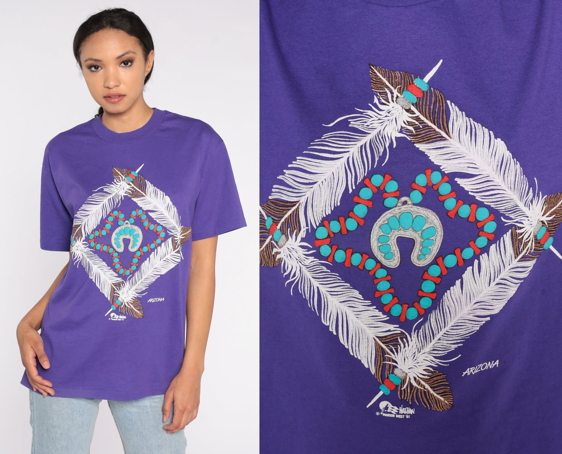 90s Arizona Native American Feather Turquoise Graphic T-Shirt Purple Medium