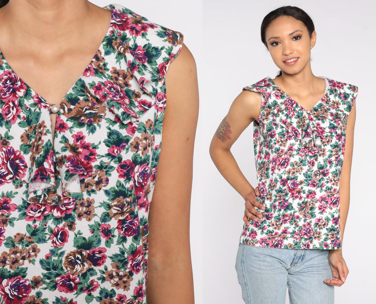 90s Floral Tank Top Ruffled Keyhole Sleeveless Blouse Medium M